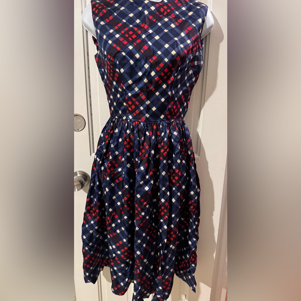 Saks Fifth Avenue Vintage Woman’s Navy Dress with Red and Cream Plaid Accents 8